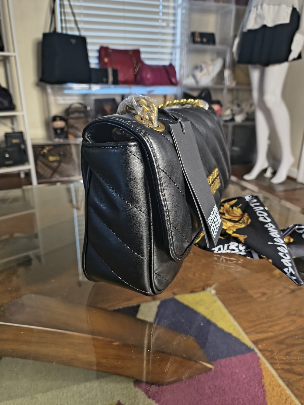 NWT Versace Jeans Couture Black Quilted Shoulder Bag with Gold Chain Straps - Picture 6 of 9
